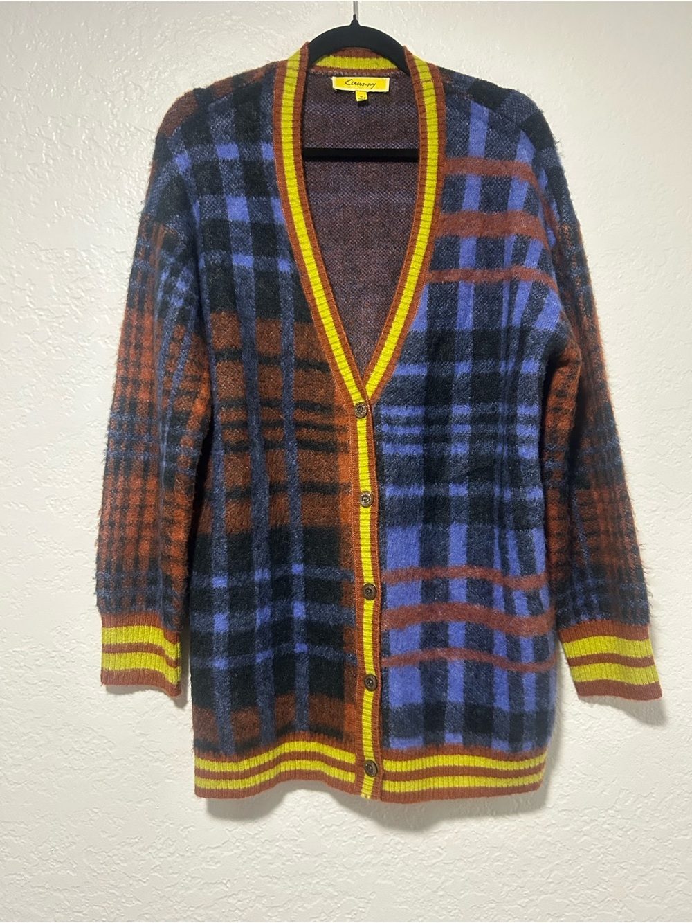 Circus Ivy Plaid Button-Front Cardigan - Blue, Brown, Black with Yellow Trim